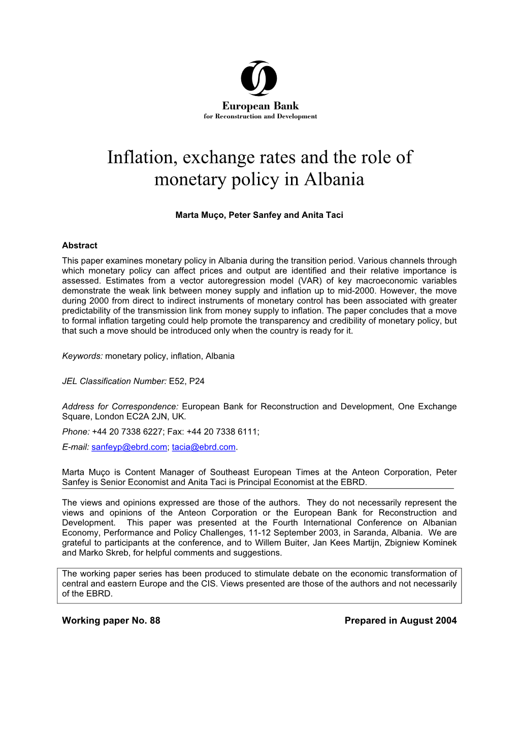 Inflation, Exchange Rates and the Role of Monetary Policy in Albania
