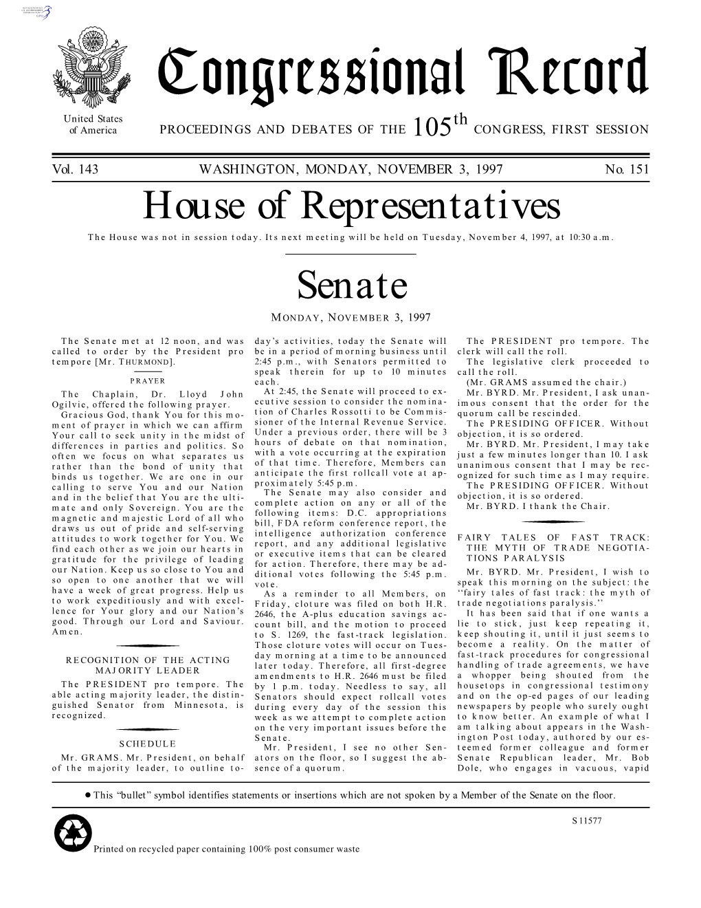 Congressional Record United States Th of America PROCEEDINGS and DEBATES of the 105 CONGRESS, FIRST SESSION