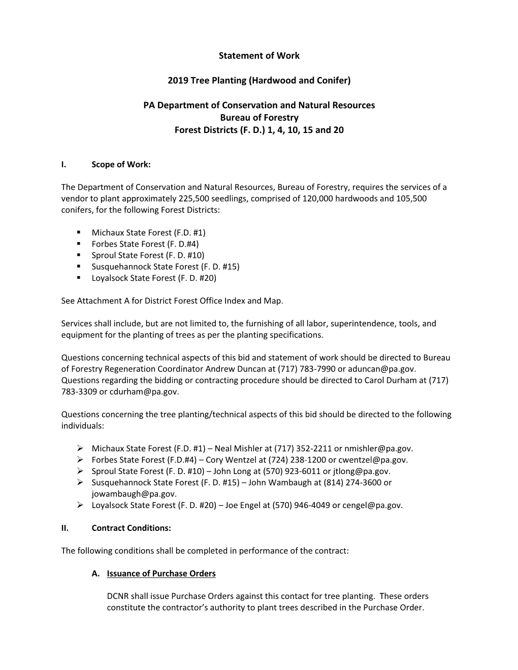 Statement of Work 2019 Tree Planting (Hardwood and Conifer) PA