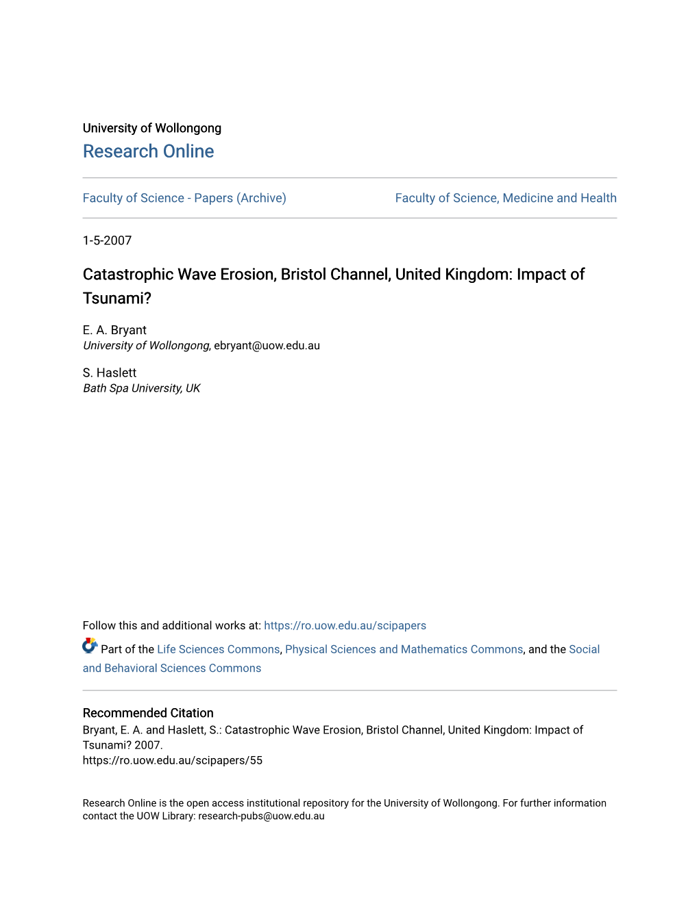 Catastrophic Wave Erosion, Bristol Channel, United Kingdom: Impact of Tsunami?