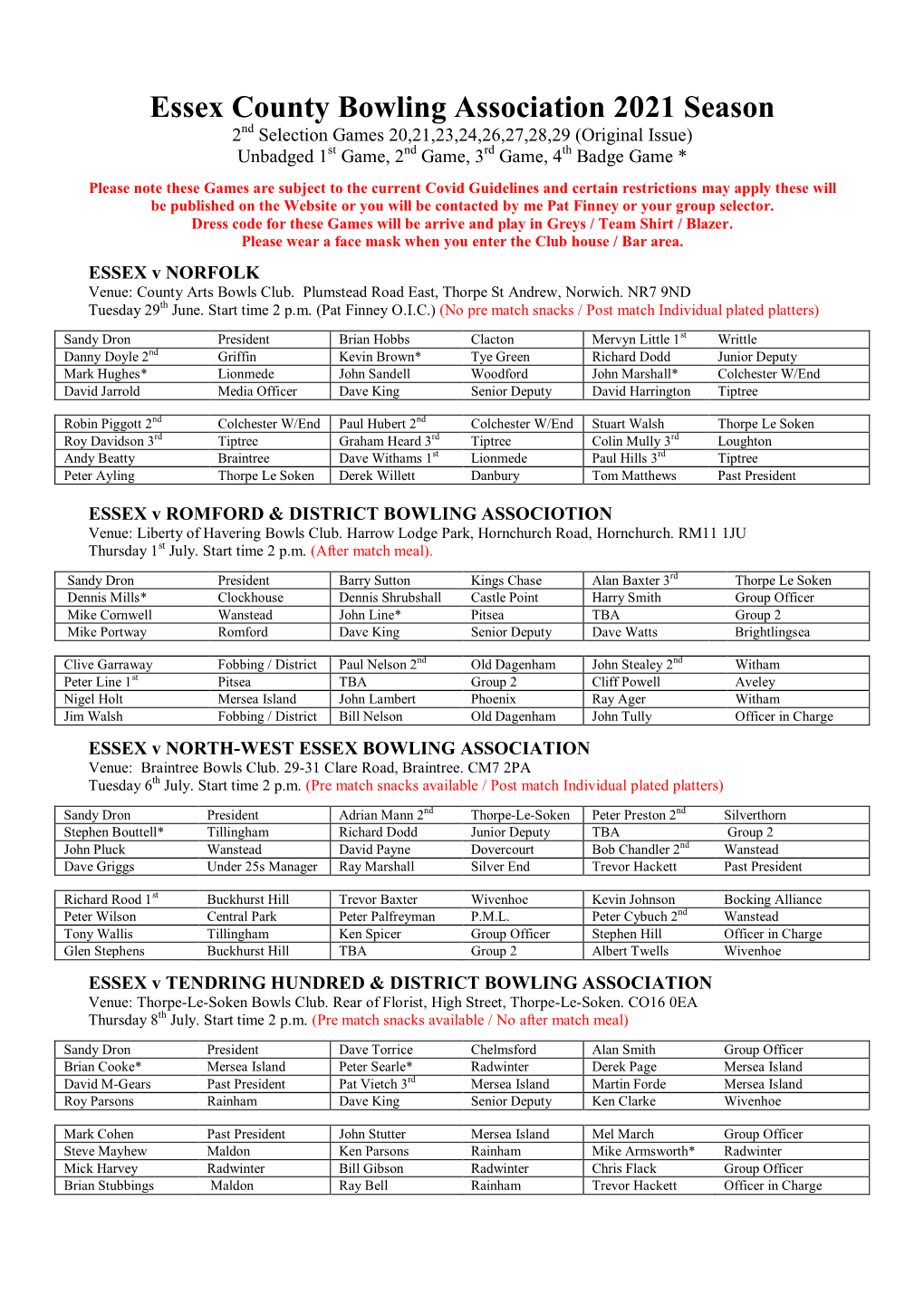 Essex County Bowling Association 2021 Season 2Nd Selection Games 20,21,23,24,26,27,28,29 (Original Issue) Unbadged 1St Game, 2Nd Game, 3Rd Game, 4Th Badge Game *