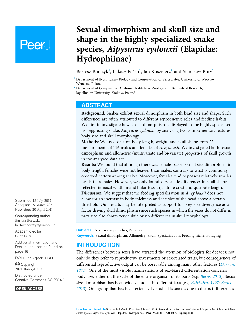 Sexual Dimorphism and Skull Size and Shape in the Highly Specialized Snake Species, Aipysurus Eydouxii (Elapidae: Hydrophiinae)