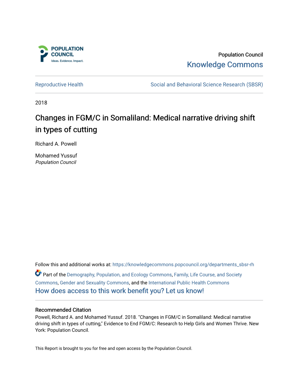 Changes in FGM/C in Somaliland: Medical Narrative Driving Shift in Types of Cutting