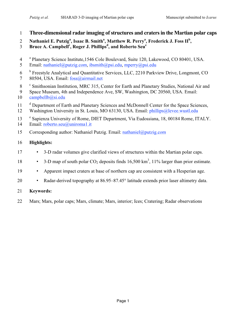 Three-Dimensional Radar Imaging of Structures and Craters in the Martian Polar Caps 2 Nathaniel E