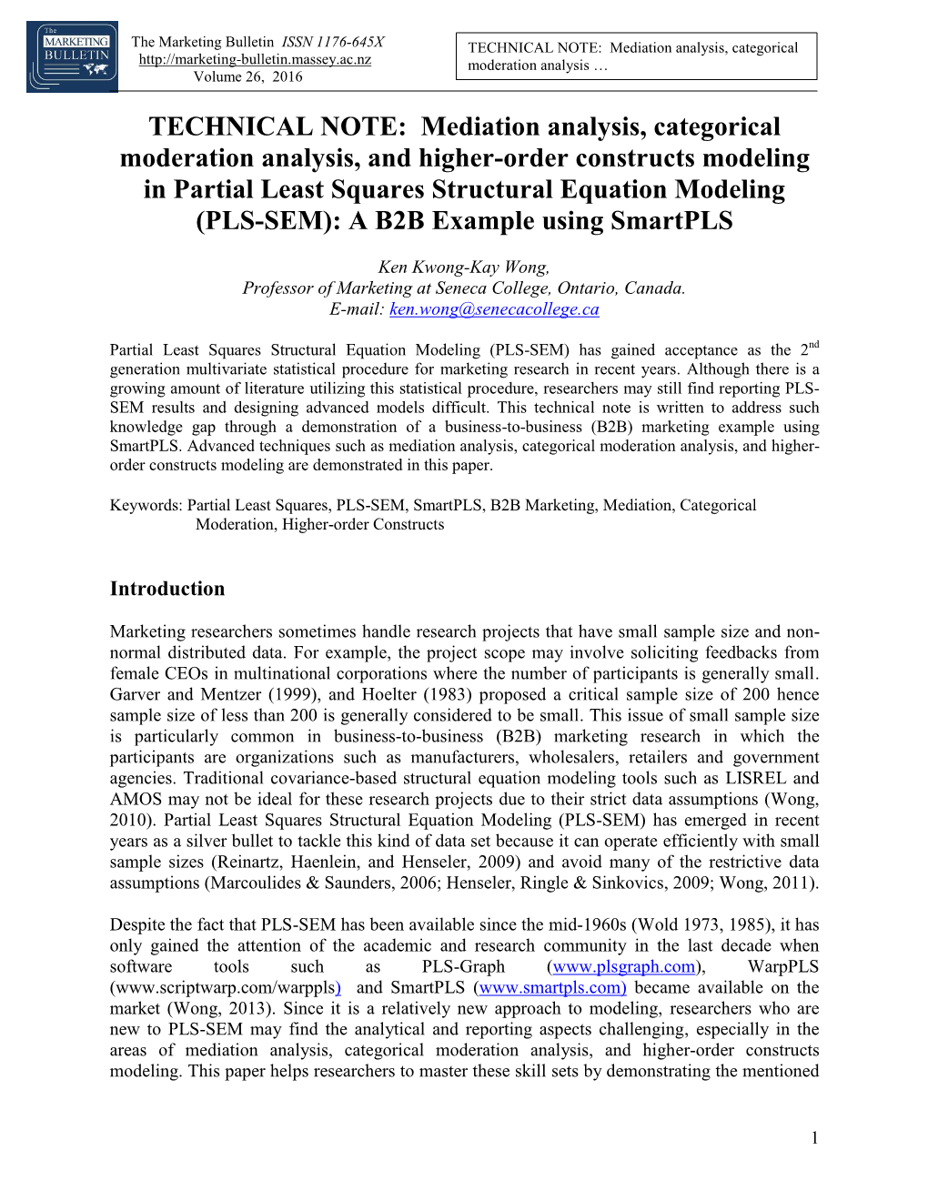 TECHNICAL NOTE: Mediation Analysis, Categorical Moderation Analysis … Volume 26, 2016