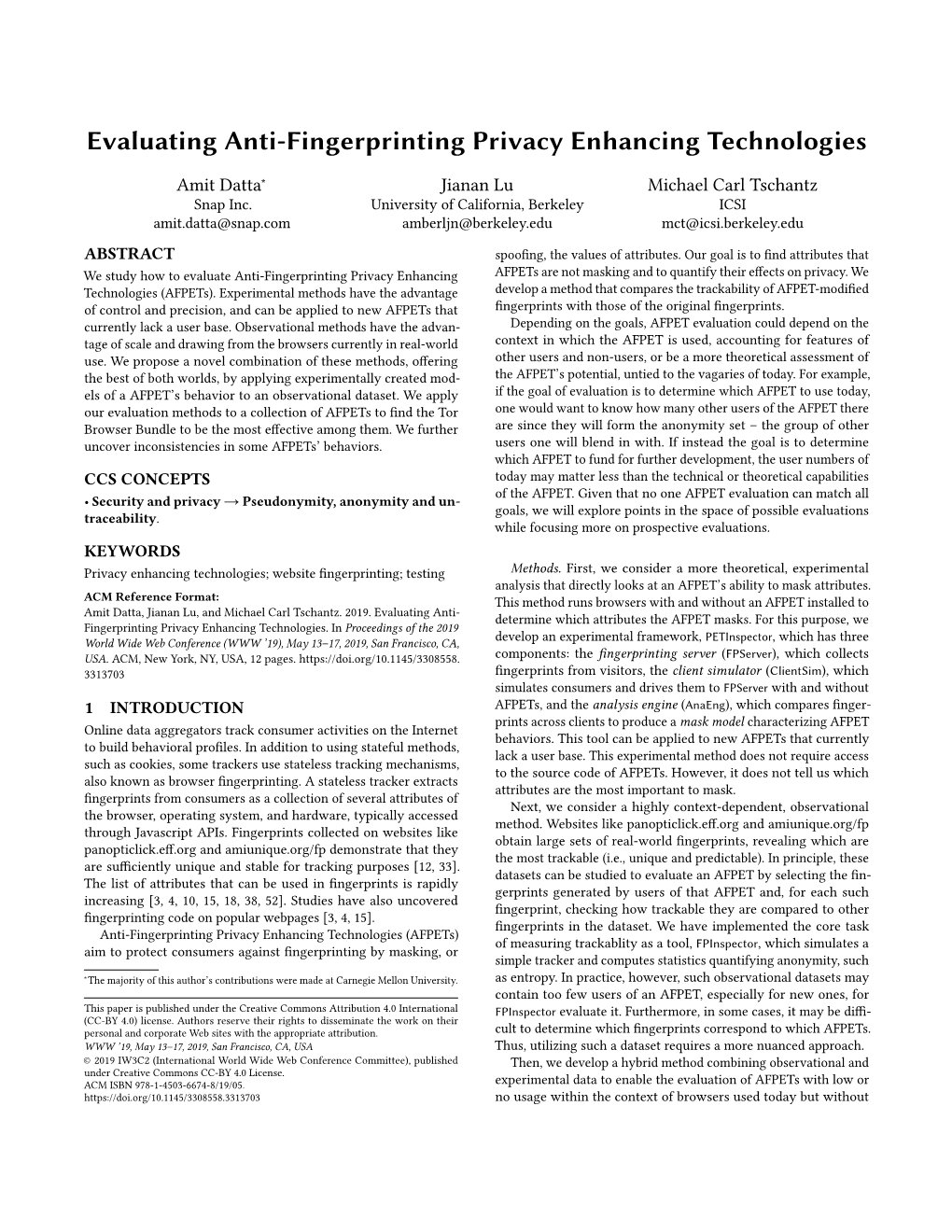 Evaluating Anti-Fingerprinting Privacy Enhancing Technologies