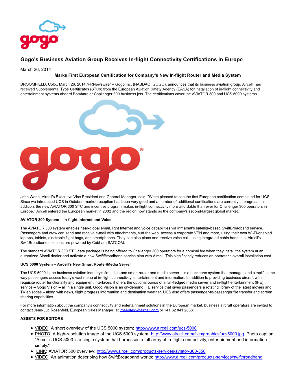 Gogo's Business Aviation Group Receives In-Flight Connectivity Certifications in Europe