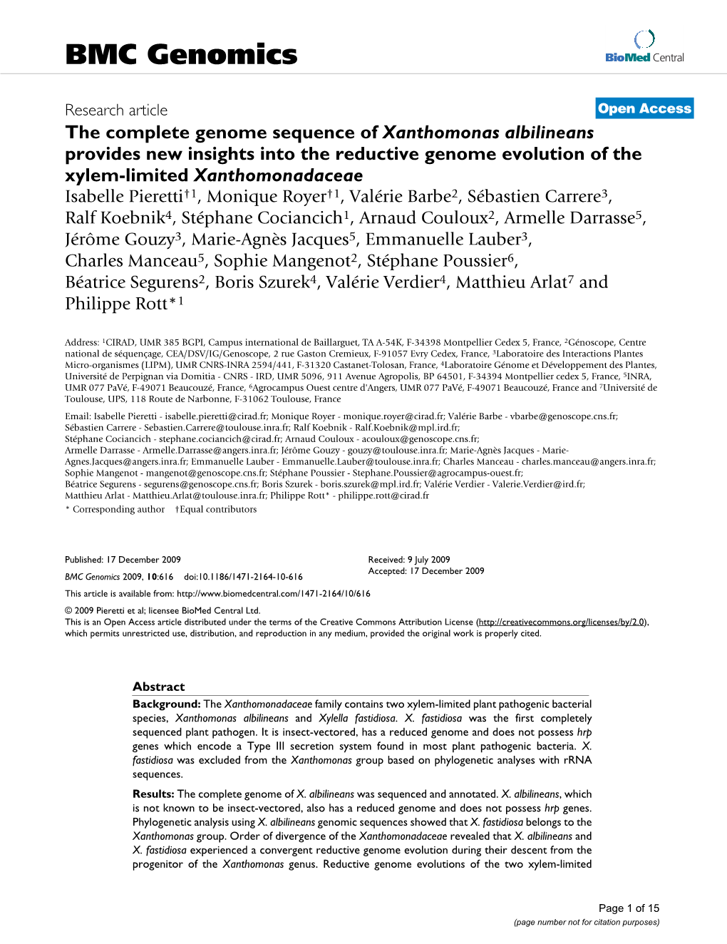 The Complete Genome Sequence of Xanthomonas Albilineans Provides New Insights Into the Reductive Genome Evolution of the Xylem-L