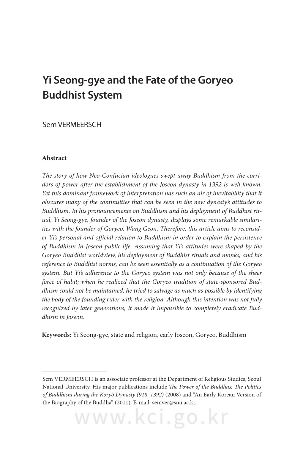 Yi Seong-Gye and the Fate of the Goryeo Buddhist System