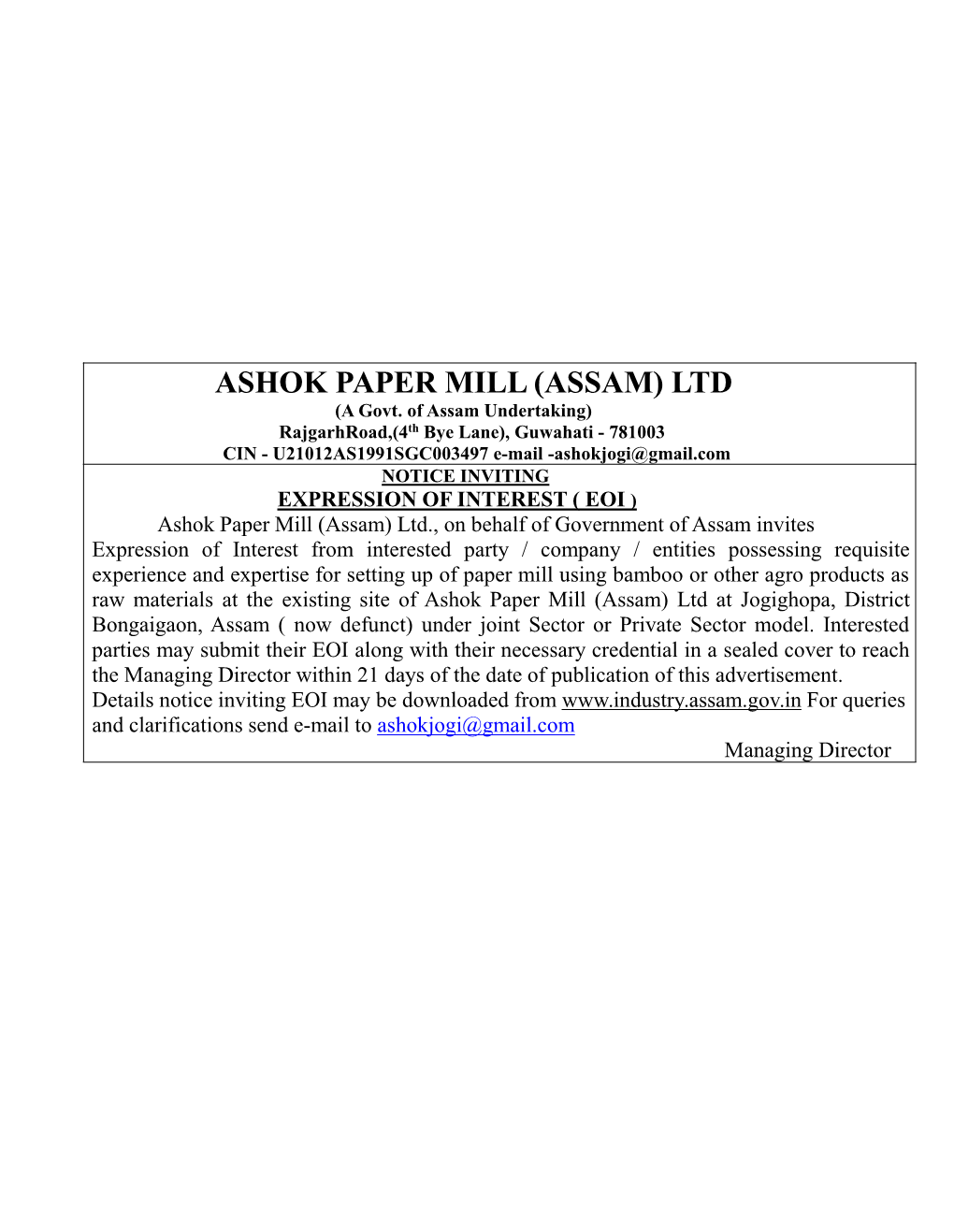 ASHOK PAPER MILL (ASSAM) LTD (A Govt