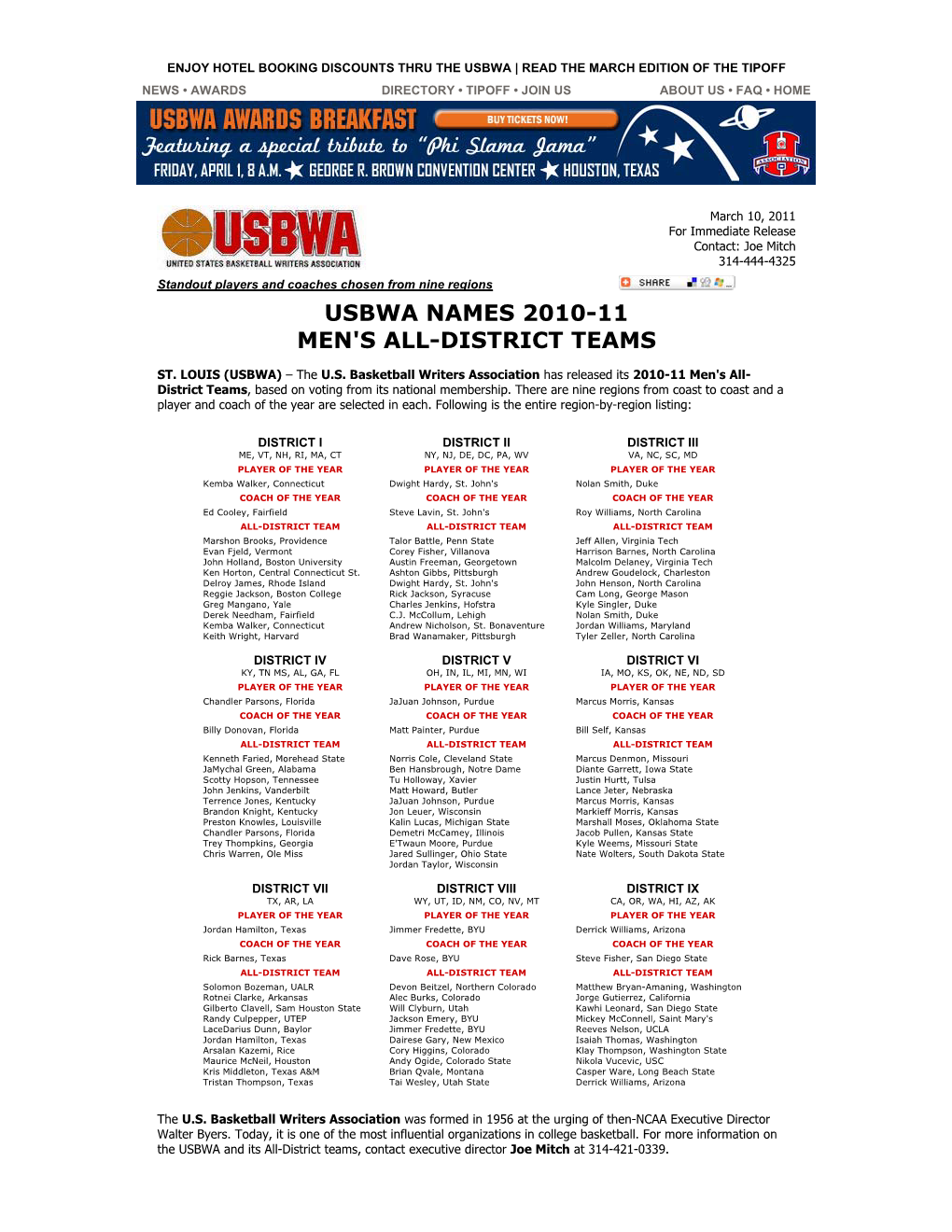 Usbwa Names 2010-11 Men's All-District Teams