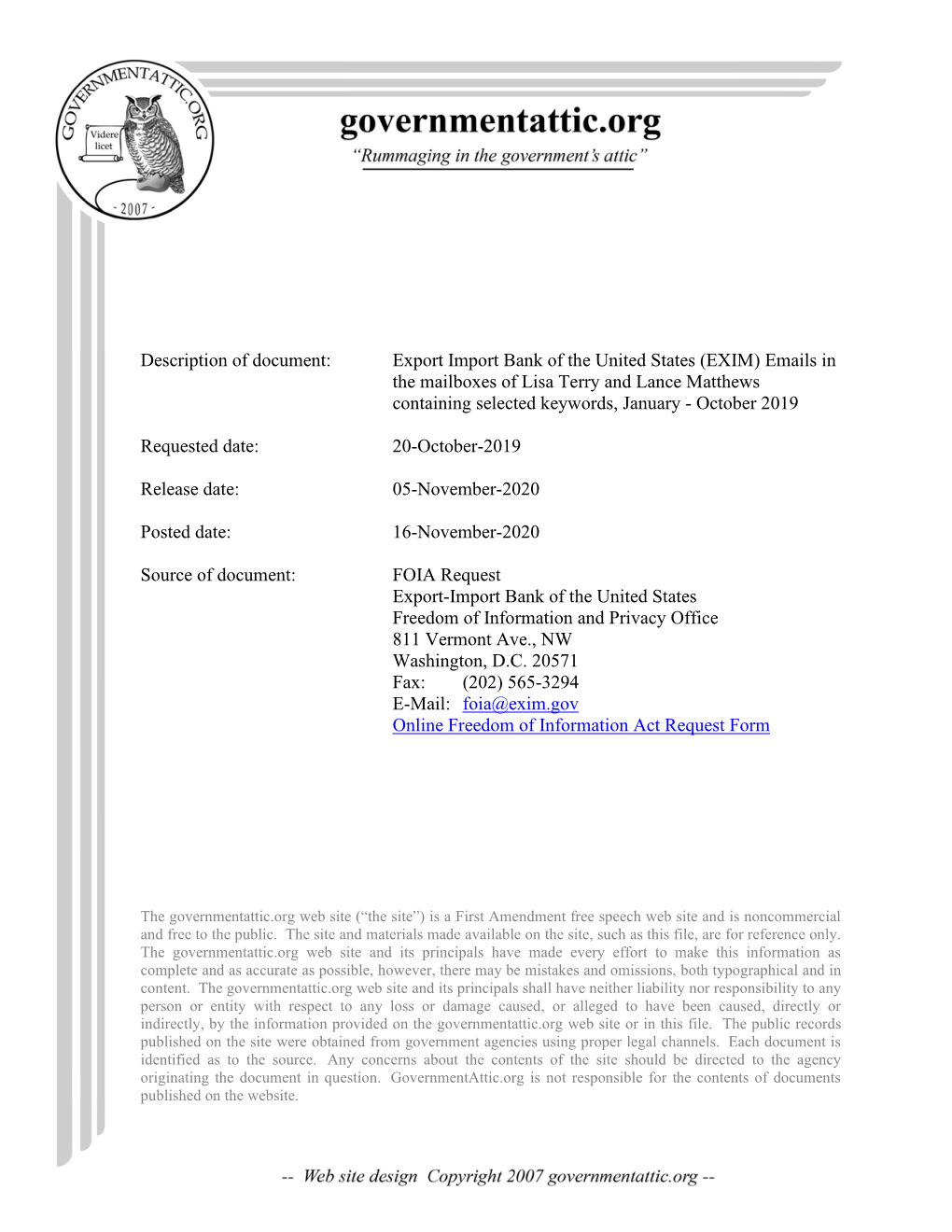 Export Import Bank of the United States (EXIM) Emails in the Mailboxes of Lisa Terry and Lance Matthews Containing Selected Keywords, January - October 2019