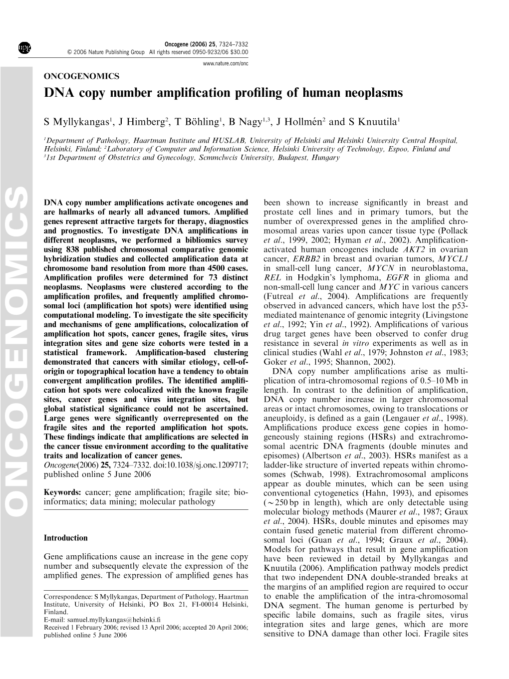 DNA Copy Number Amplification Profiling of Human Neoplasms