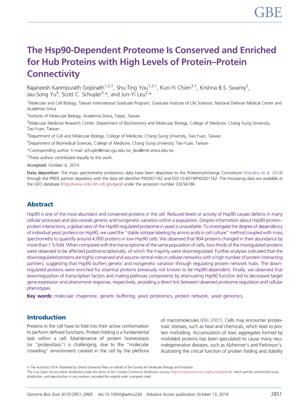 The Hsp90-Dependent Proteome Is Conserved and Enriched for Hub Proteins with High Levels of Protein–Protein Connectivity