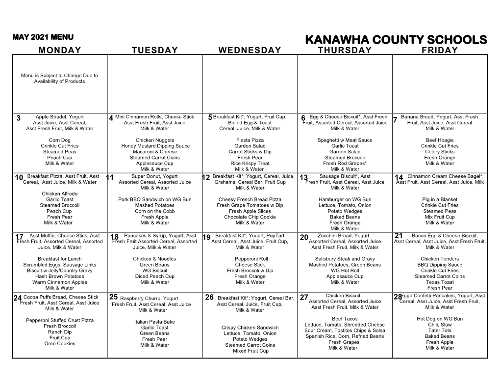 May 2021 Menu Kanawha County Schools