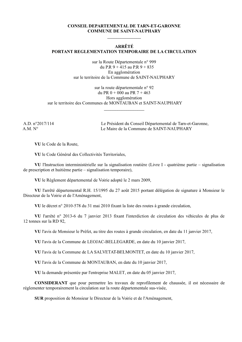 Conseil Departemental De Tarn-Et-Garonne Commune De Saint-Nauphary ______
