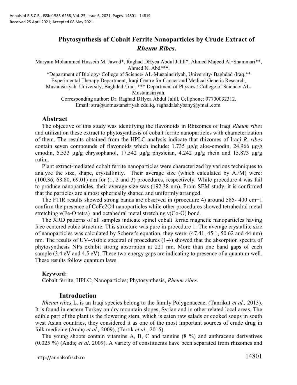 Phytosynthesis of Cobalt Ferrite Nanoparticles by Crude Extract of Rheum Ribes