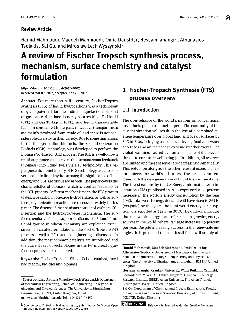 A Review of Fischer Tropsch Synthesis Process, Mechanism, Surface