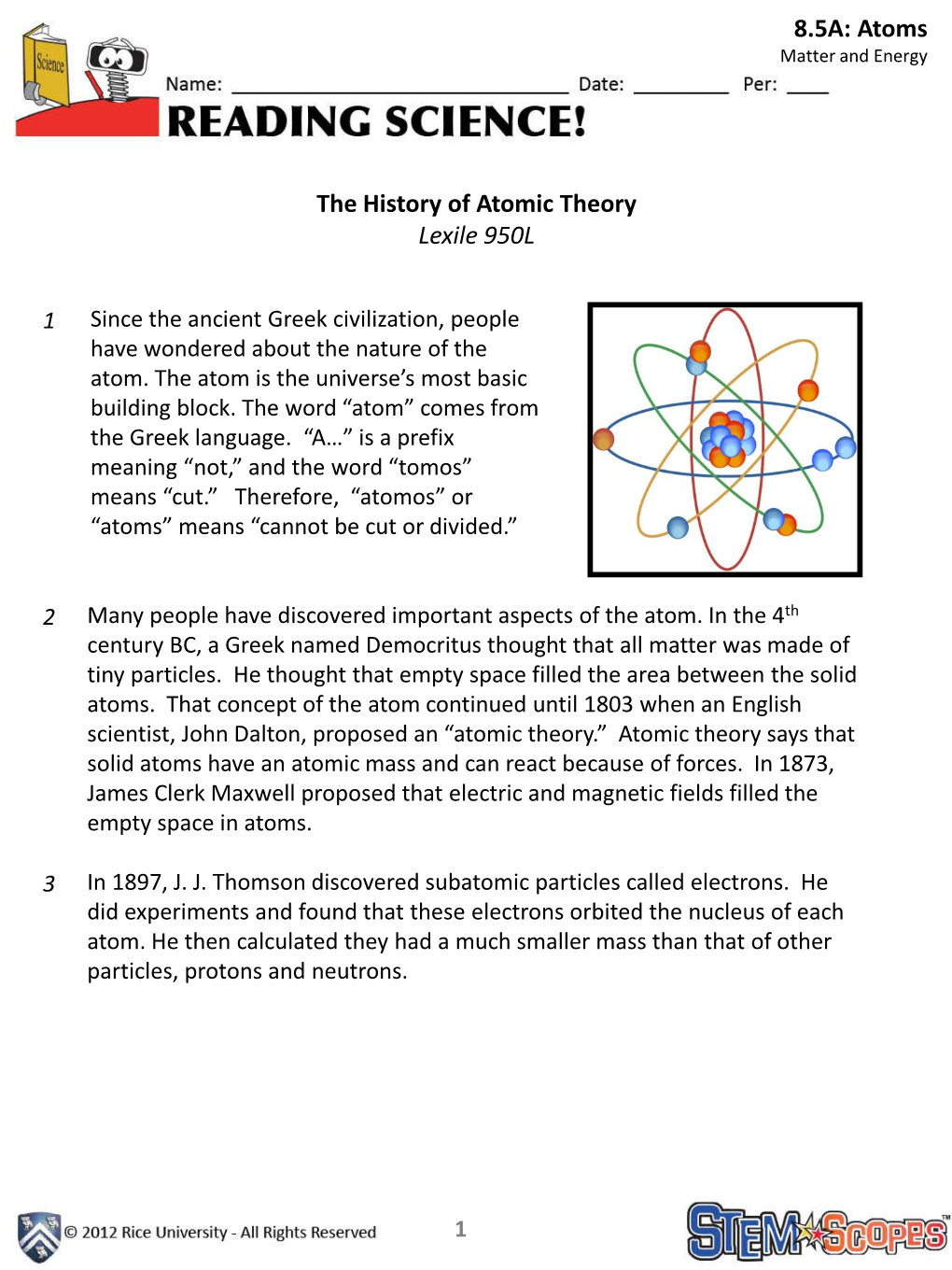 The History of Atomic Theory Lexile 950L 8.5A: Atoms