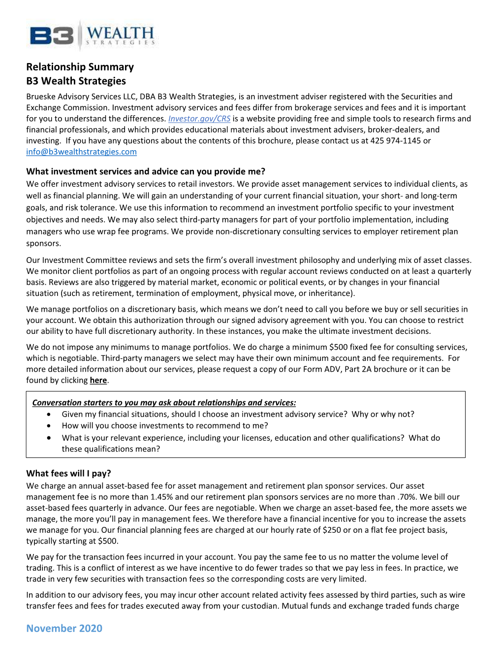 November 2020 Relationship Summary B3 Wealth Strategies