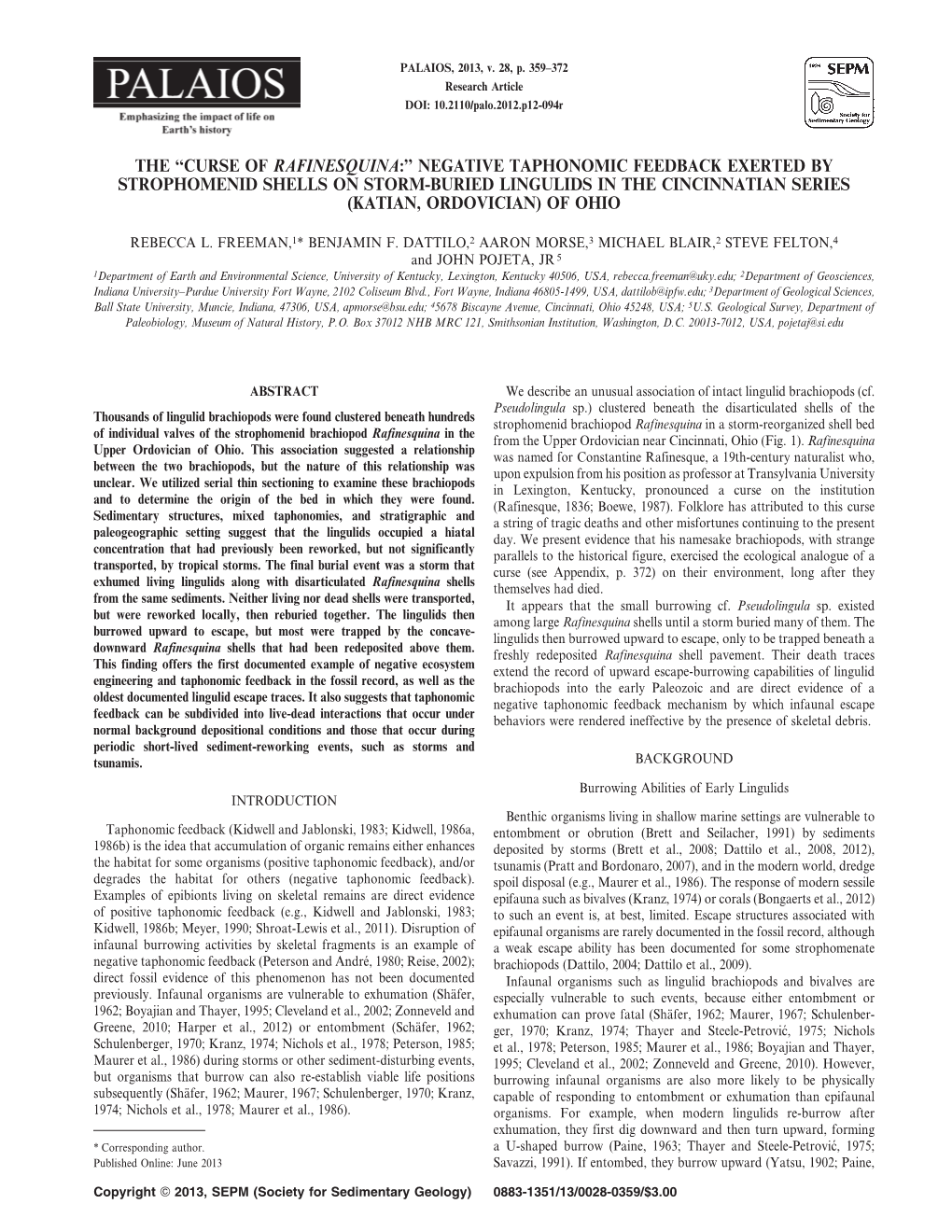 Curse of Rafinesquina:’’ Negative Taphonomic Feedback Exerted by Strophomenid Shells on Storm-Buried Lingulids in the Cincinnatian Series (Katian, Ordovician) of Ohio