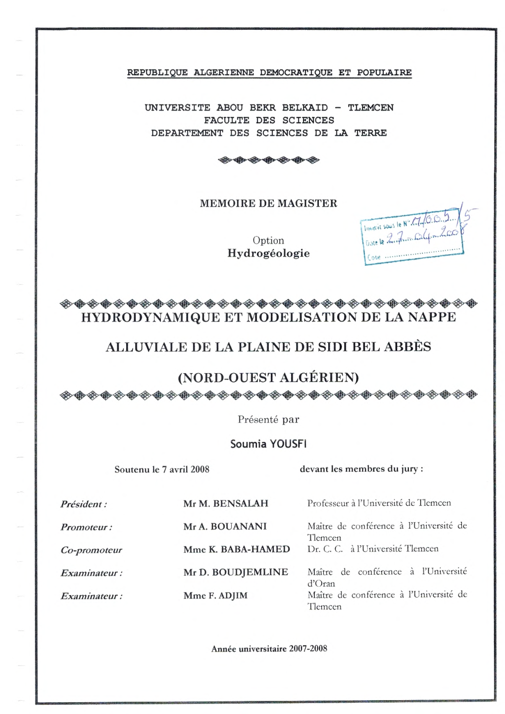 Hydrodynamique Et Modélisation De La Nappe