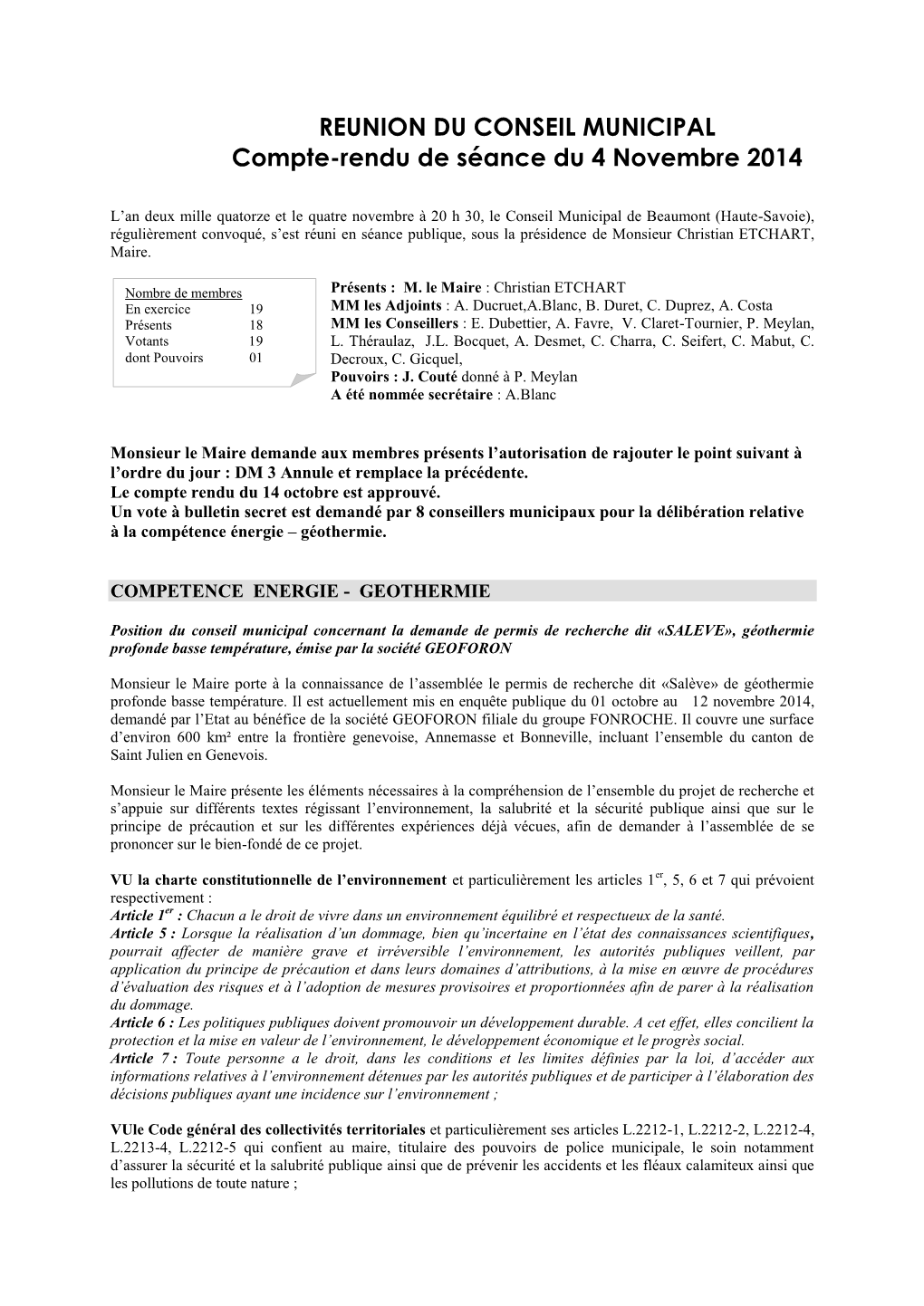 REUNION DU CONSEIL MUNICIPAL Compte-Rendu De Séance Du 4 Novembre 2014