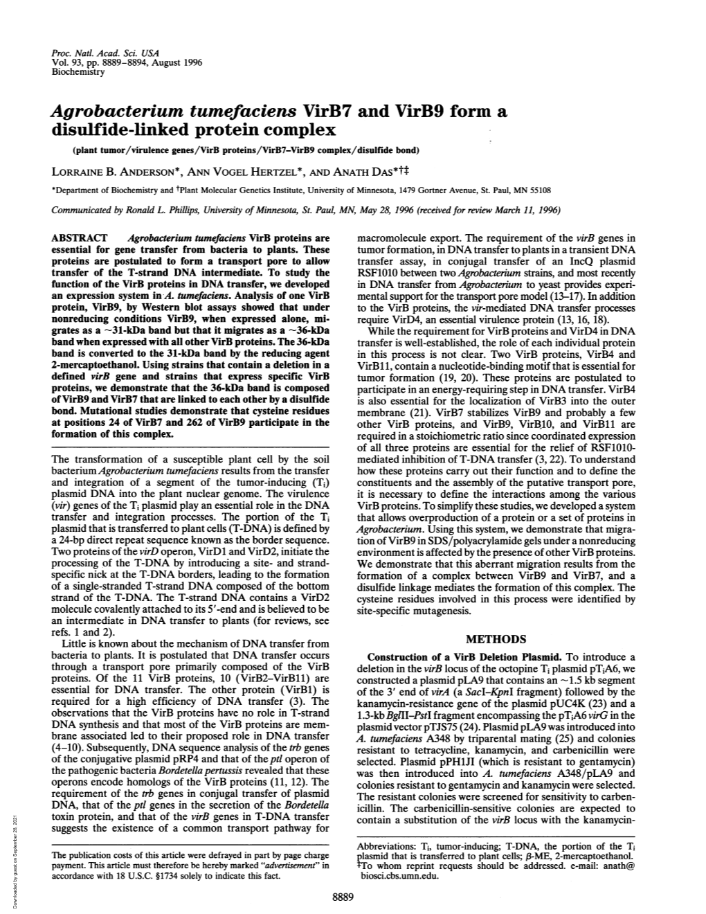 Disulfide-Linked Protein Complex (Plant Tumor/Virulence Genes/Virb Proteins/Virb7-Virb9 Complex/Disulfide Bond) LORRAINE B