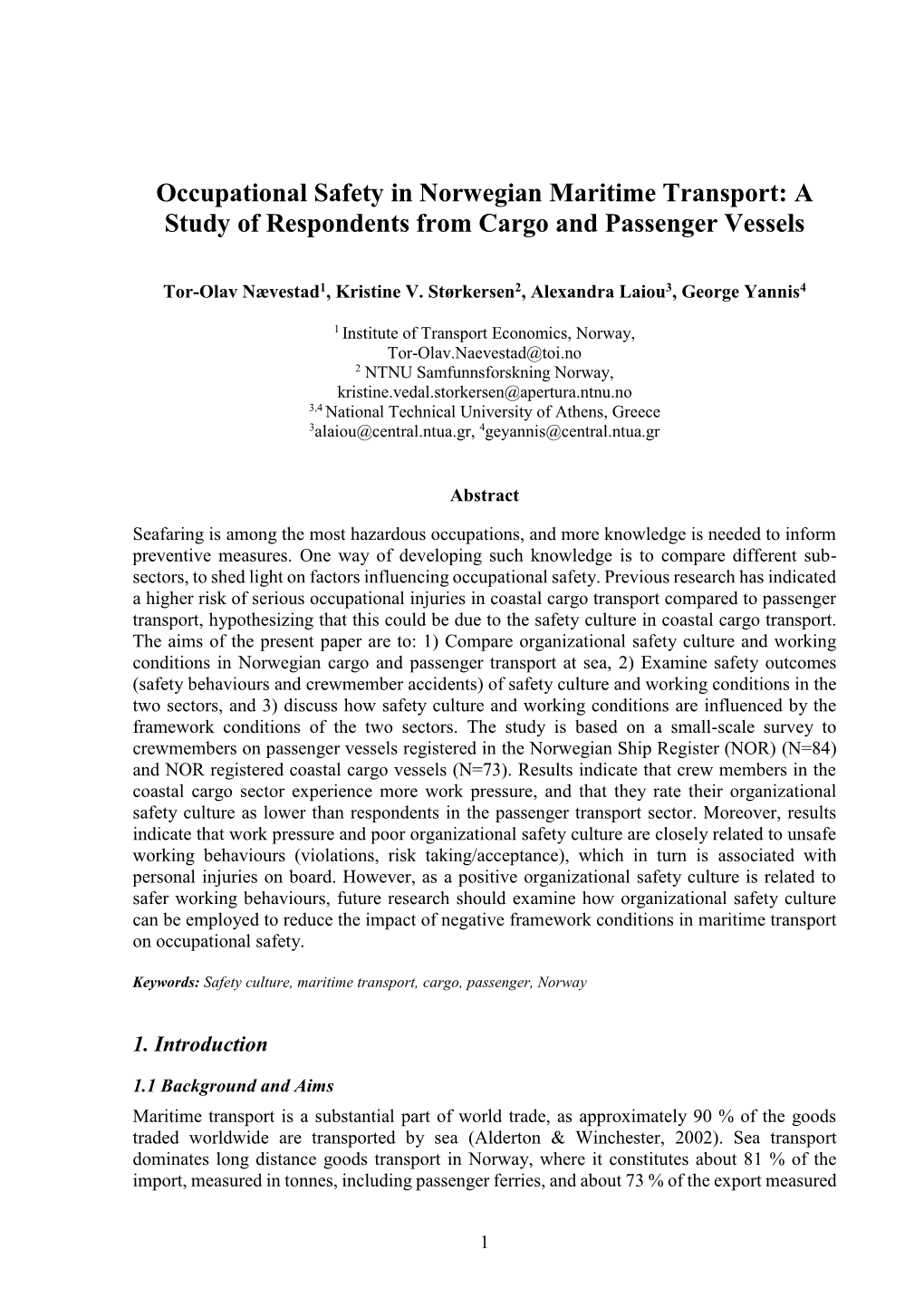 Occupational Safety in Norwegian Maritime Transport: a Study of Respondents from Cargo and Passenger Vessels