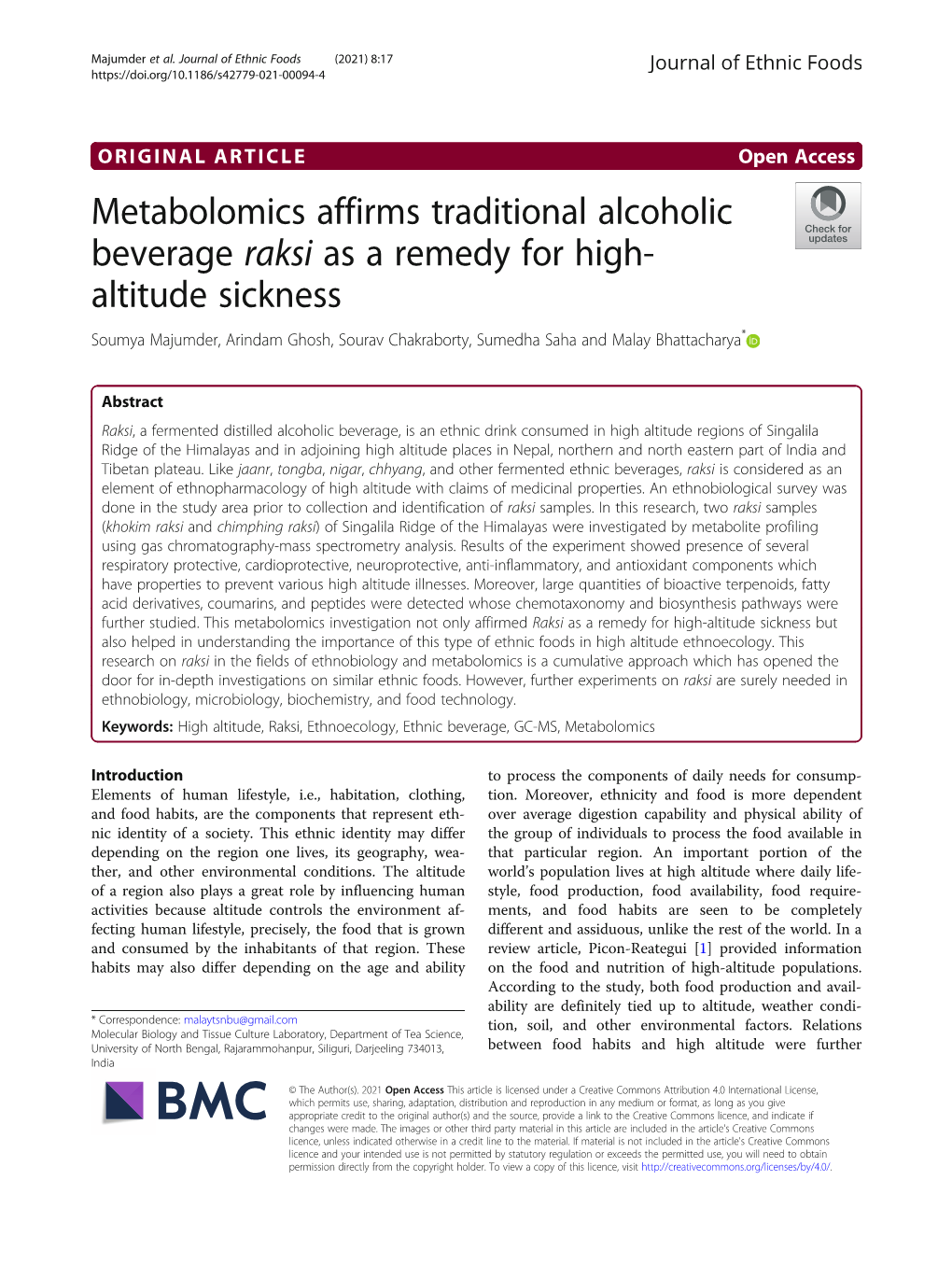 Metabolomics Affirms Traditional Alcoholic Beverage Raksi As A