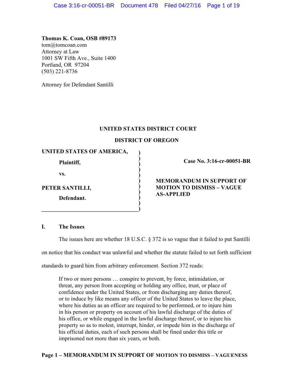 Page 1 – MEMORANDUM in SUPPORT of MOTION to DISMISS – VAGUENESS