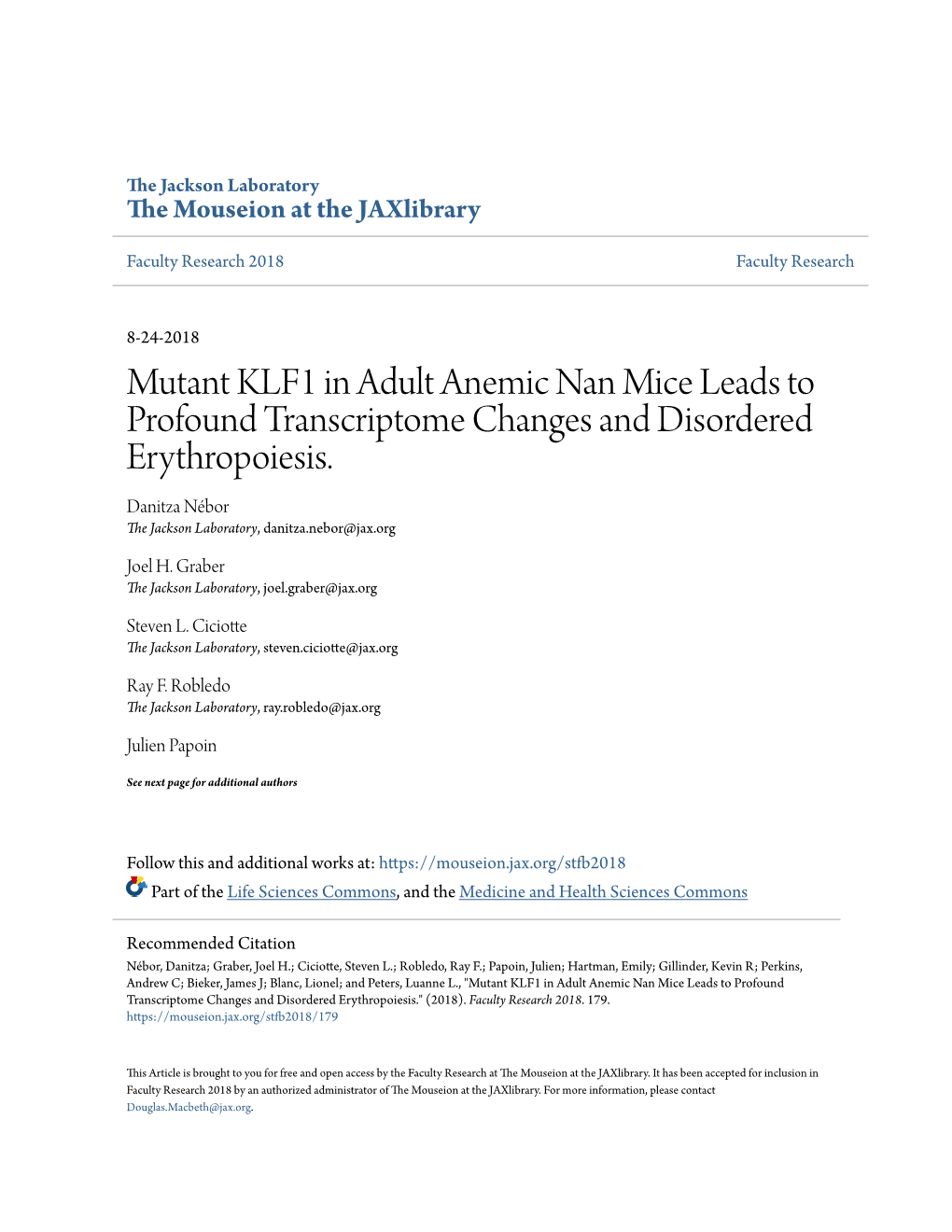 Mutant KLF1 in Adult Anemic Nan Mice Leads to Profound Transcriptome Changes and Disordered Erythropoiesis