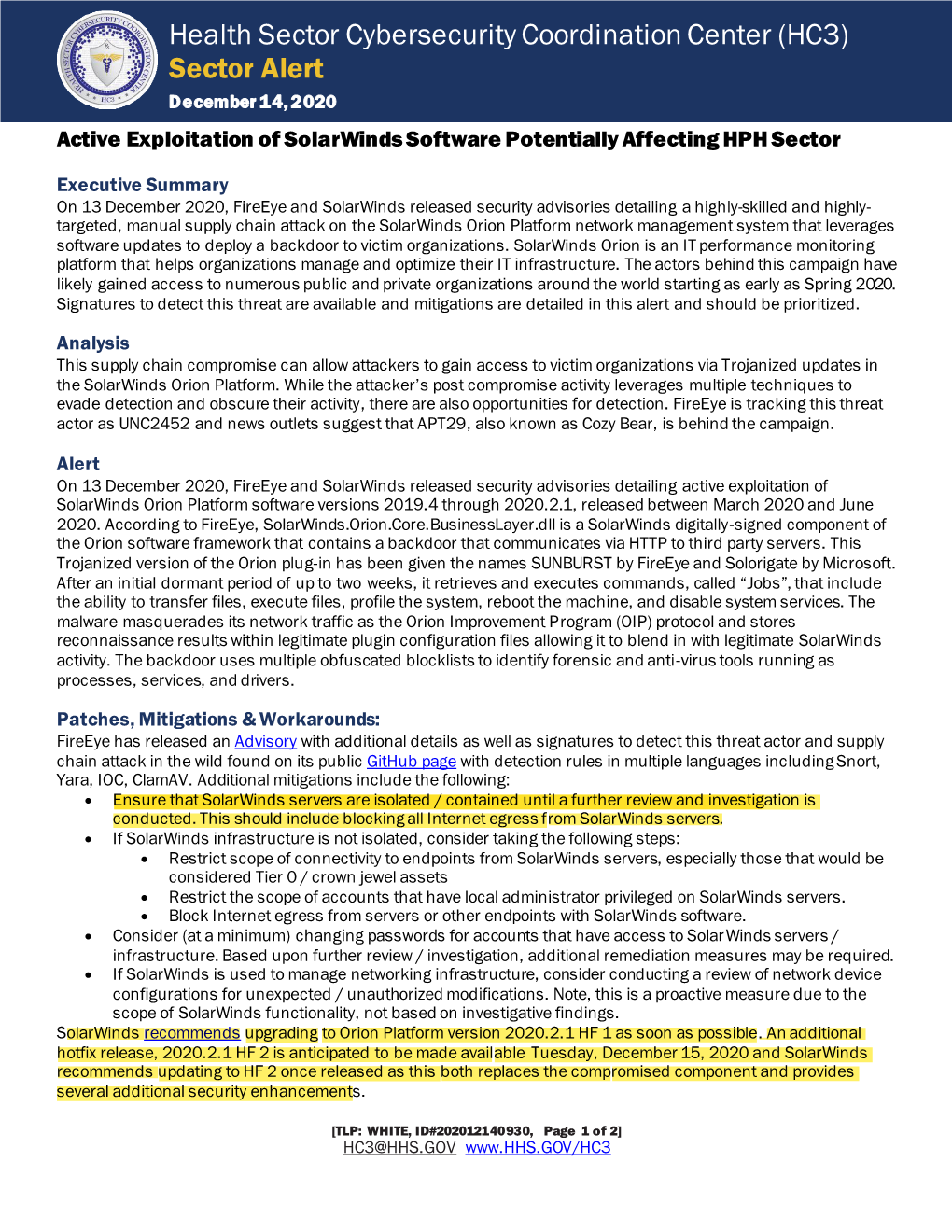 HC3 Sector Alert TLP White: Active Exploitation of Solarwinds Software