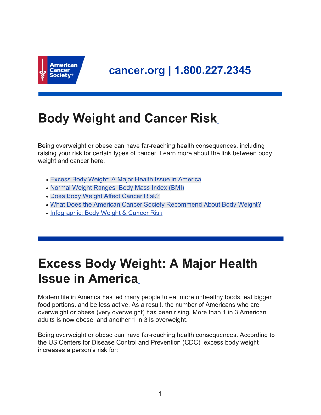 Body Weight and Cancer Risk