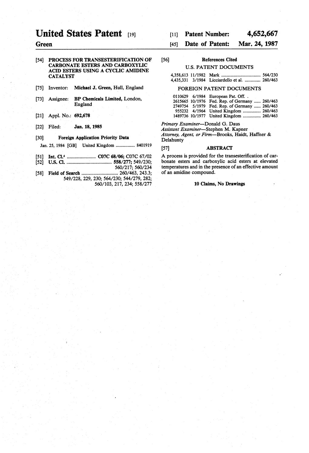 United States Patent (19) 11 Patent Number: 4,652,667 Green 45) Date of Patent: Mar