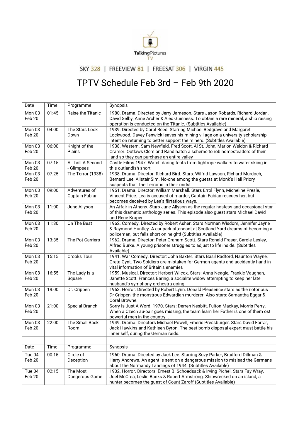 TPTV Schedule Feb 3Rd – Feb 9Th 2020