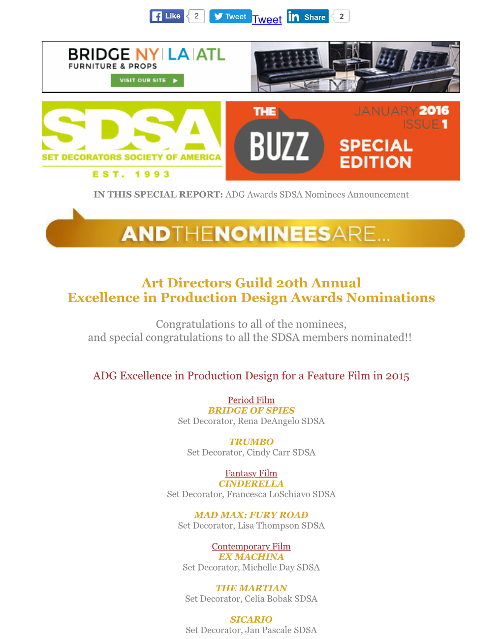 Art Directors Guild 20Th Annual Excellence in Production Design Awards Nominations