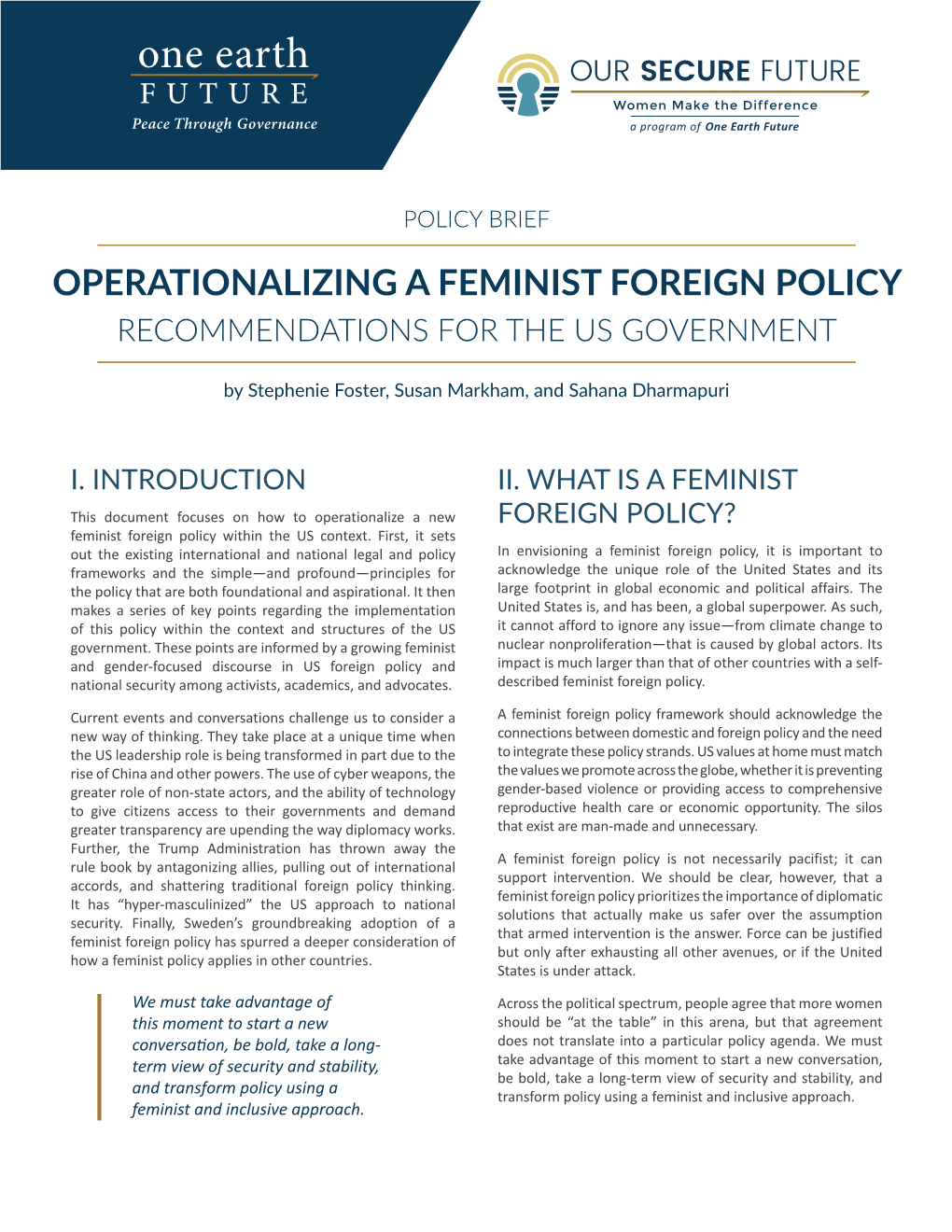 Operationalizing a Feminist Foreign Policy Recommendations for the Us Government