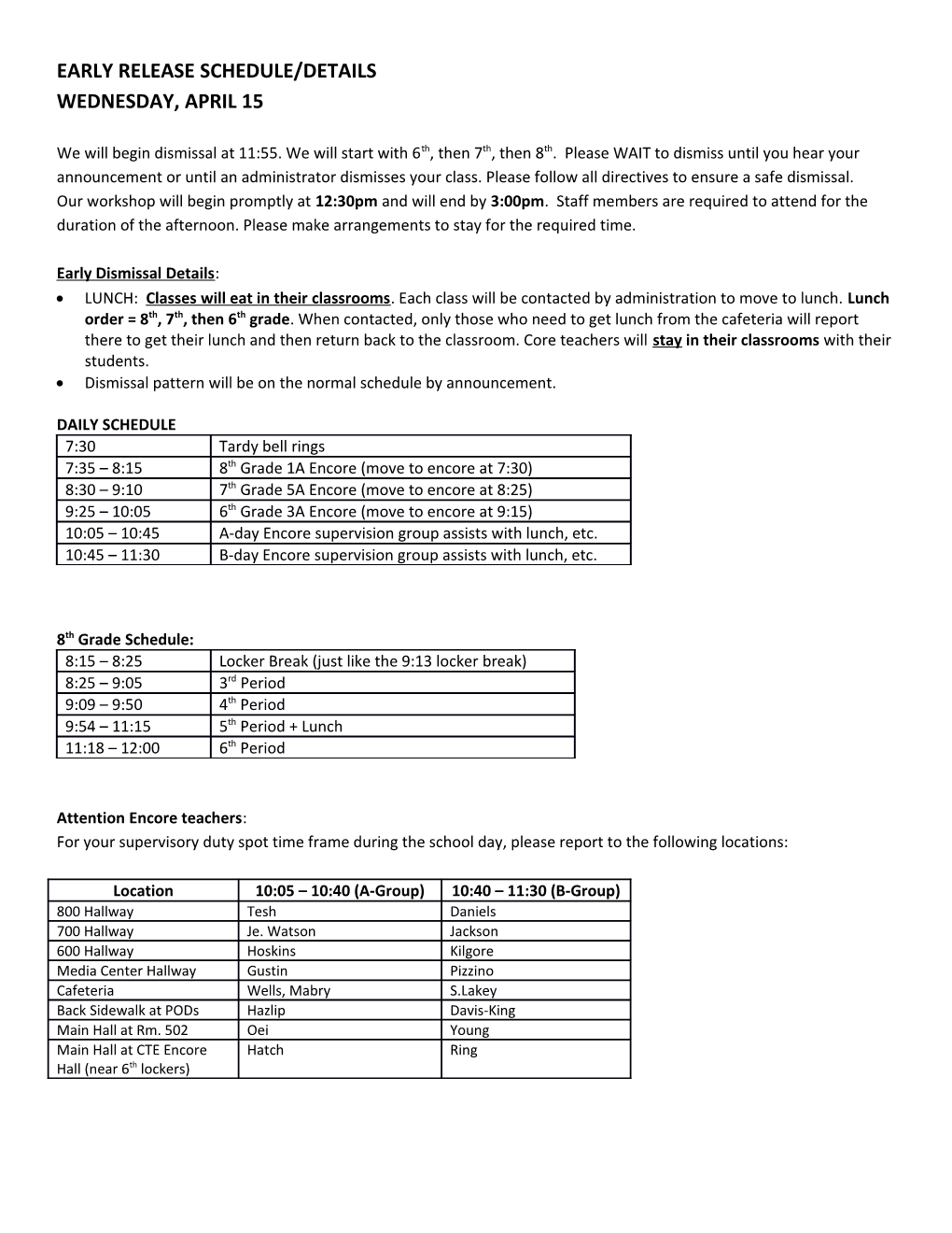 Early Release Schedule/Details