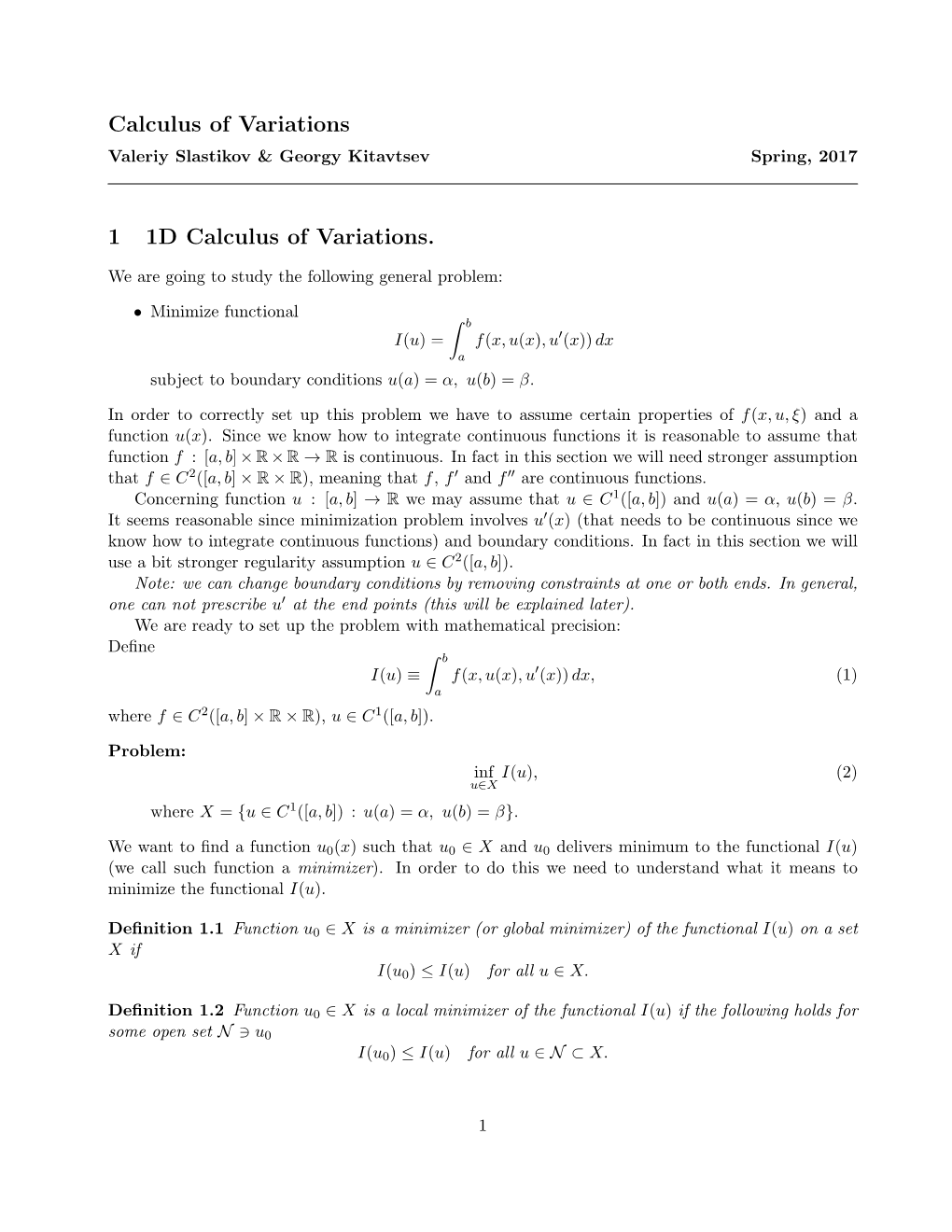 Calculus of Variations 1 1D Calculus of Variations