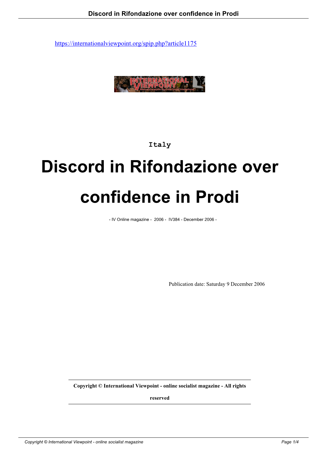 Discord in Rifondazione Over Confidence in Prodi