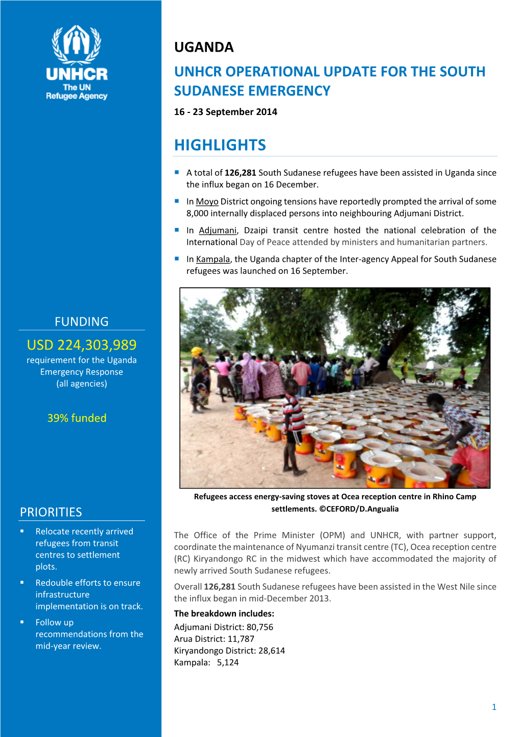UGANDA UNHCR OPERATIONAL UPDATE for the SOUTH SUDANESE EMERGENCY 16 - 23 September 2014