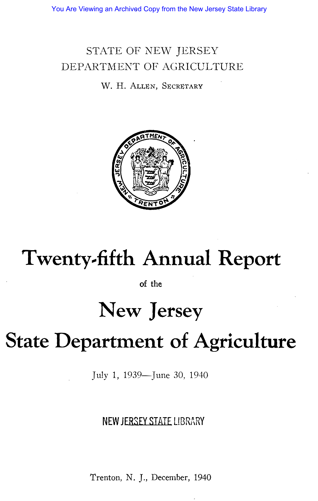 T-Wenty-Fifth Annual Report Ne-W Jersey State Departtnent Of