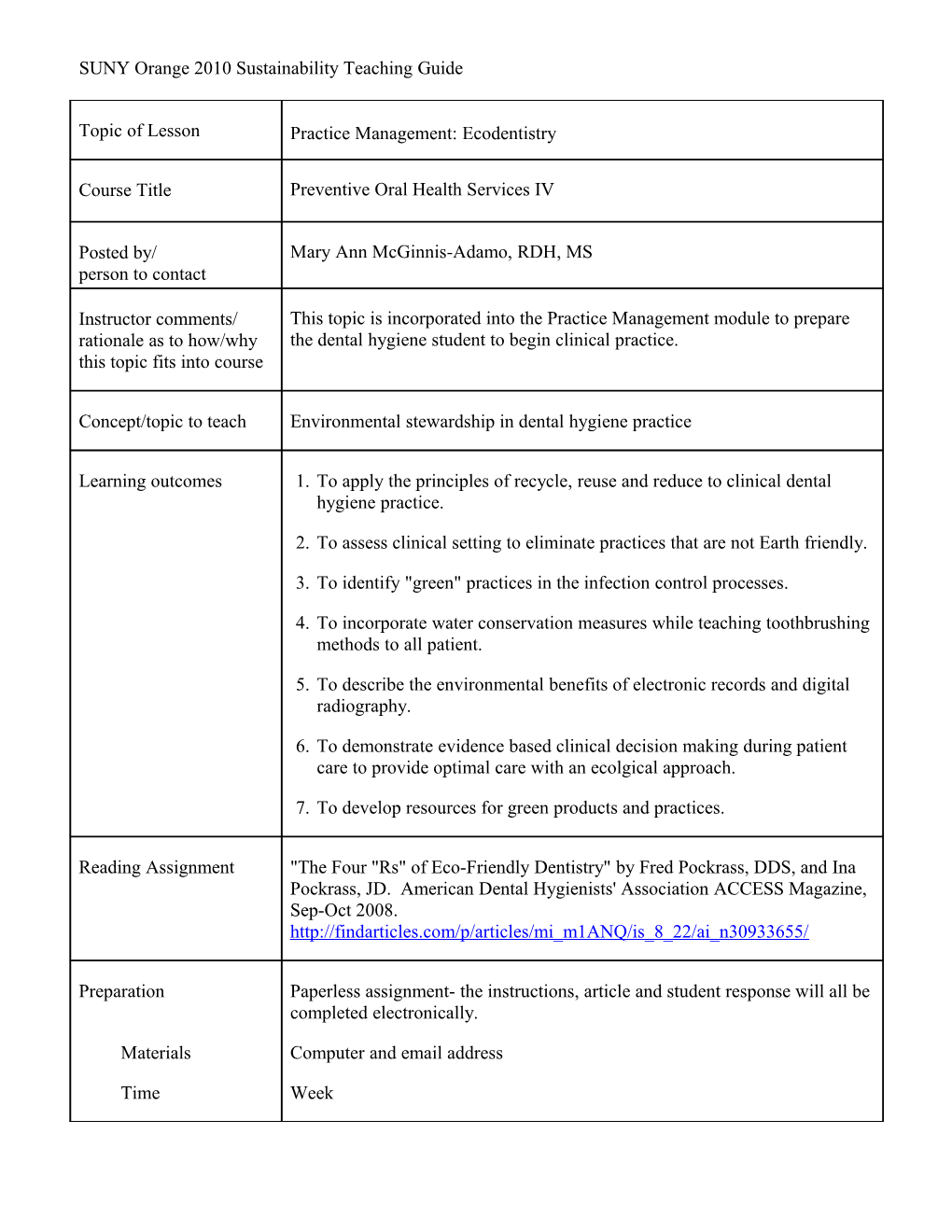 SUNY Orange 2010 Sustainability Teaching Guide