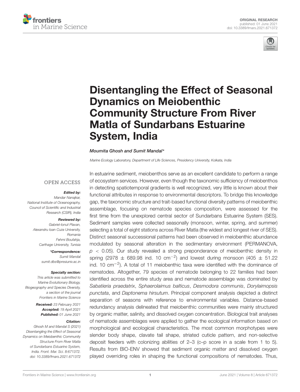 Disentangling the Effect of Seasonal Dynamics on Meiobenthic Community Structure from River Matla of Sundarbans Estuarine System, India