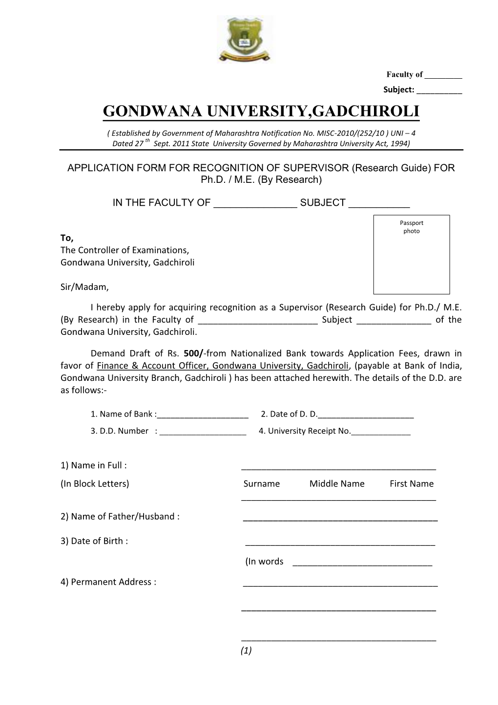 GONDWANA UNIVERSITY,GADCHIROLI ( Established by Government of Maharashtra Notification No