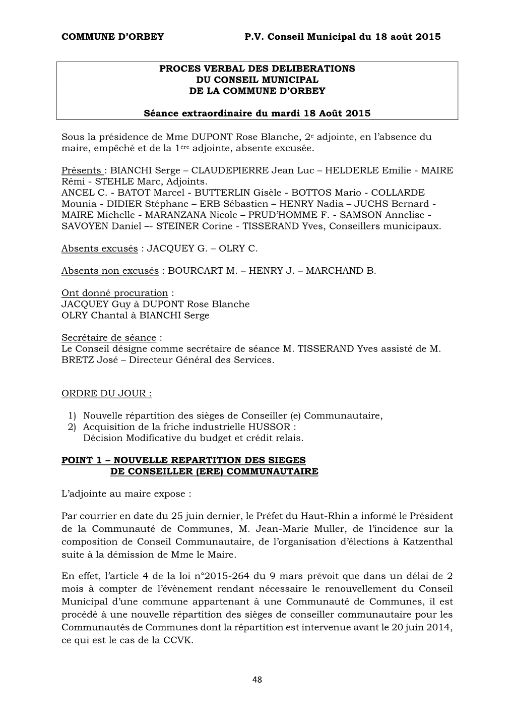 COMMUNE D'orbey P.V. Conseil Municipal Du 18 Août 2015 48