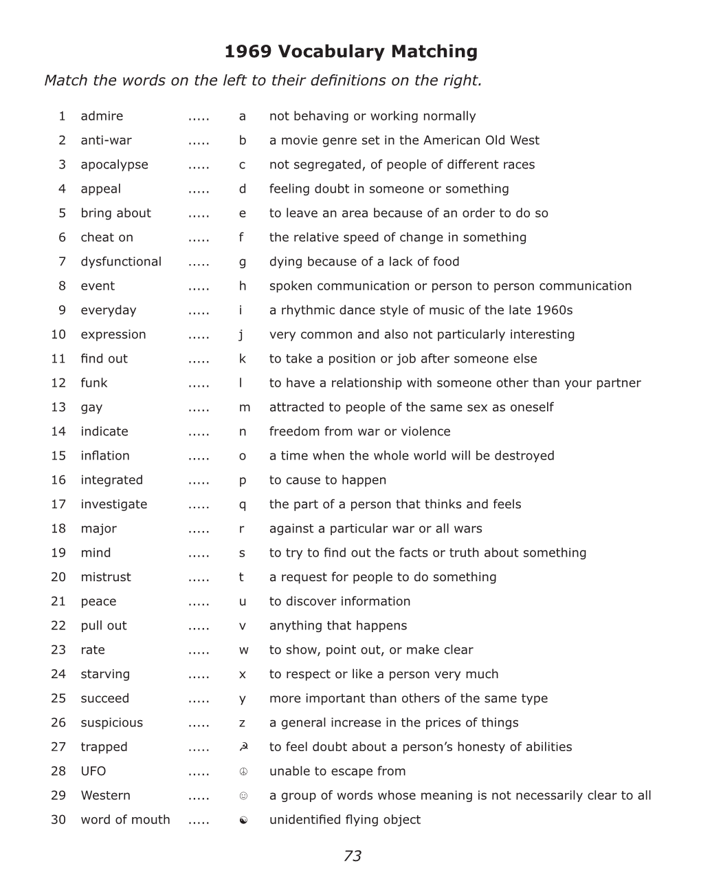 1969 Vocabulary Matching Match the Words on the Left to Their Definitions on the Right