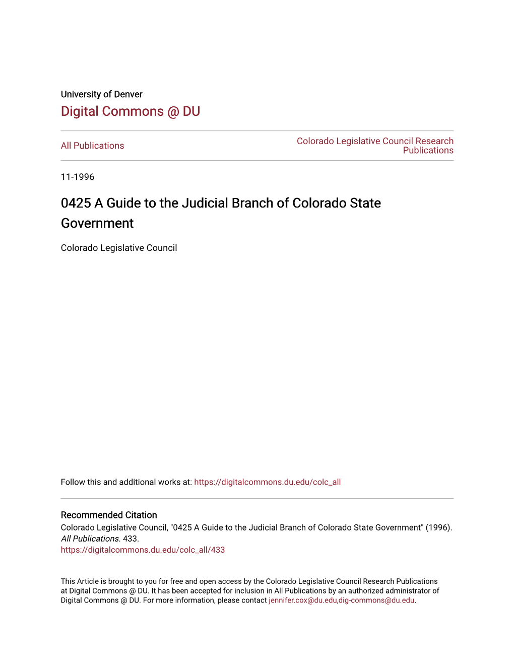 0425 a Guide to the Judicial Branch of Colorado State Government