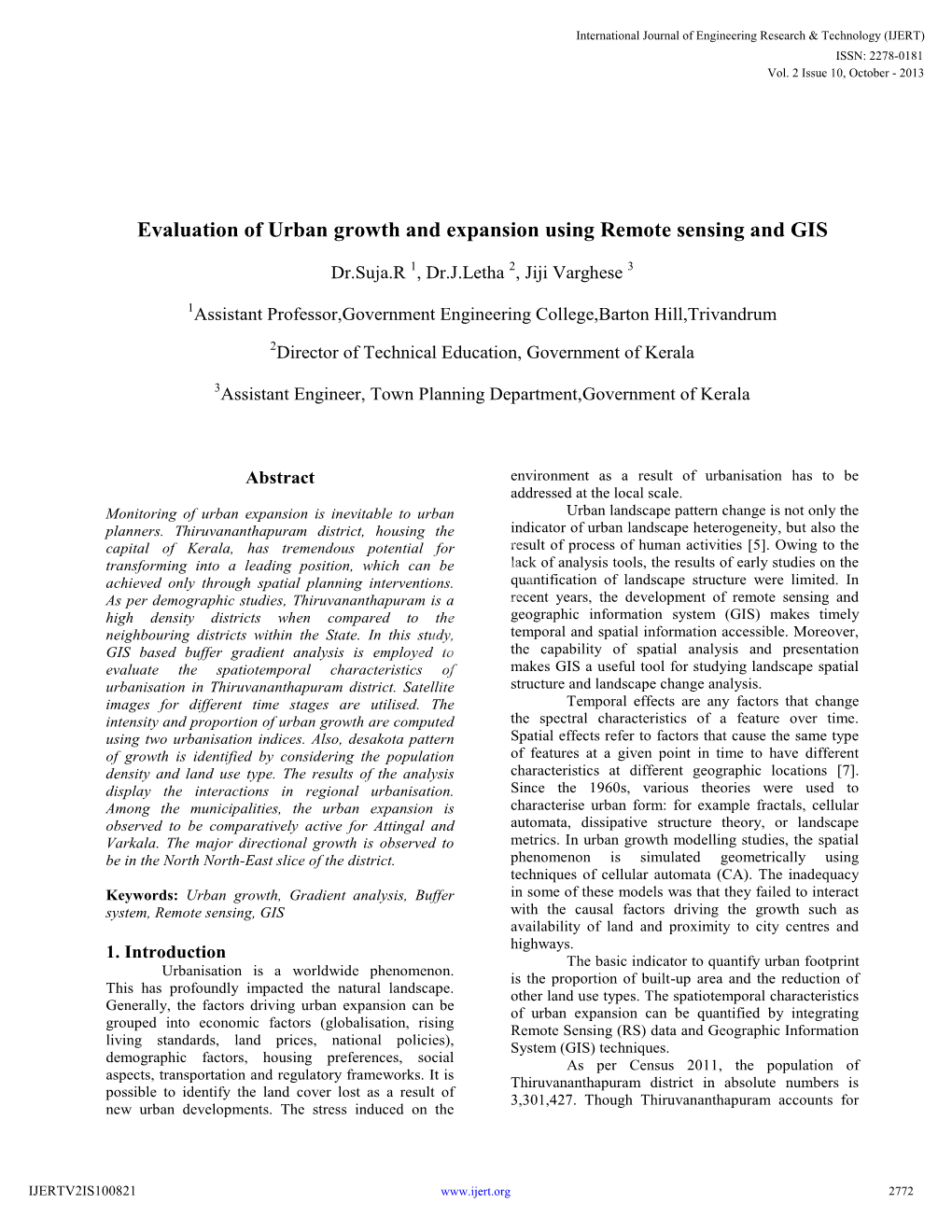 Evaluation of Urban Growth and Expansion Using Remote Sensing and GIS